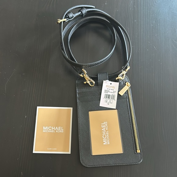 Michael Kors Saffiano Leather Smartphone Crossbody Bag black / gold accents NWT - Picture 7 of 11